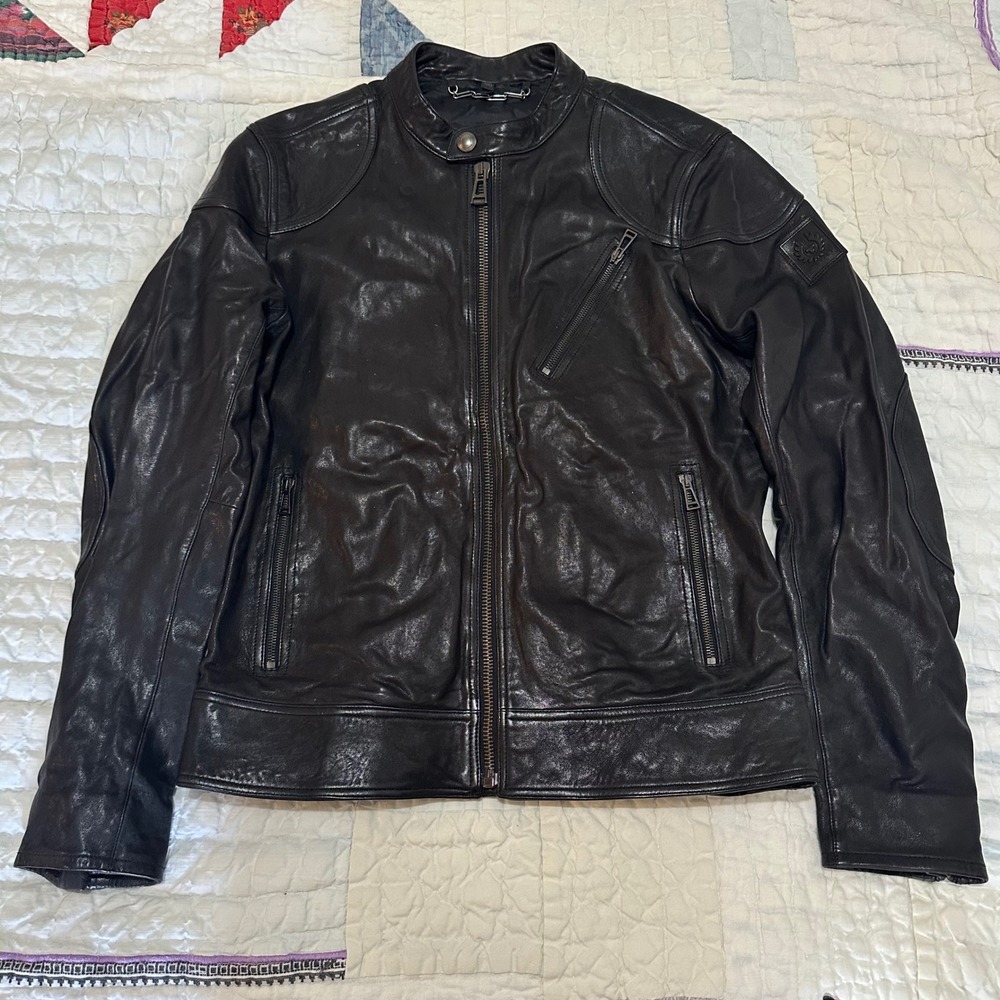 Belstaff Leather Jacket Black Cafe Racer Moto Size 50 - Picture 2 of 8
